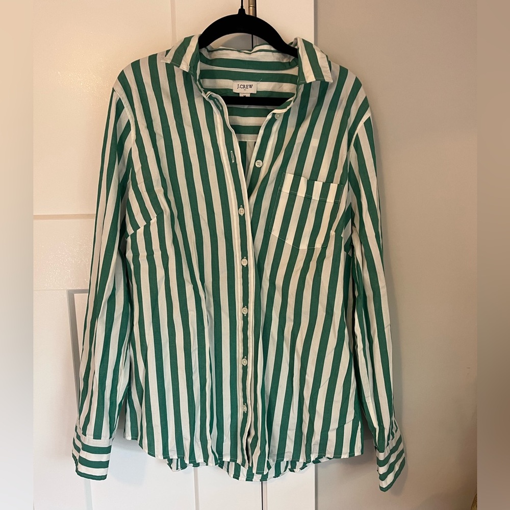J. Crew Green and White Striped Button Down